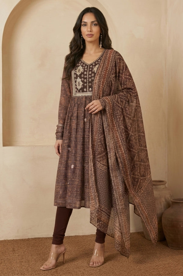 Brown Floral Printed Georgette Dupatta