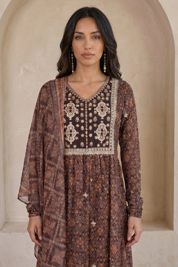 Brown Floral Printed Georgette Dupatta