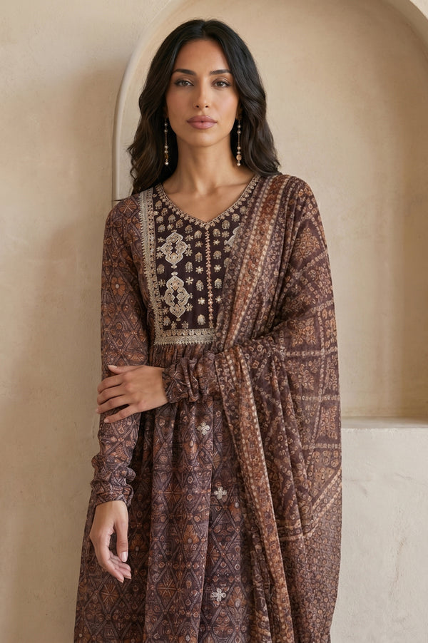 Brown Floral Printed Georgette Dupatta
