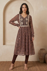 Brown Geometric Printed Sequinned Flared Anarkali Kurta