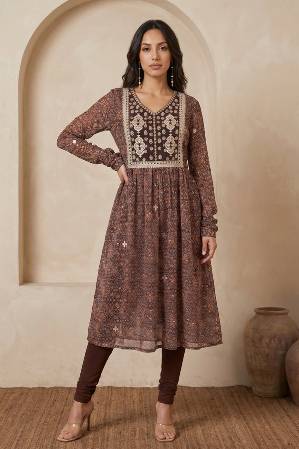 Brown Geometric Printed Sequinned Flared Anarkali Kurta