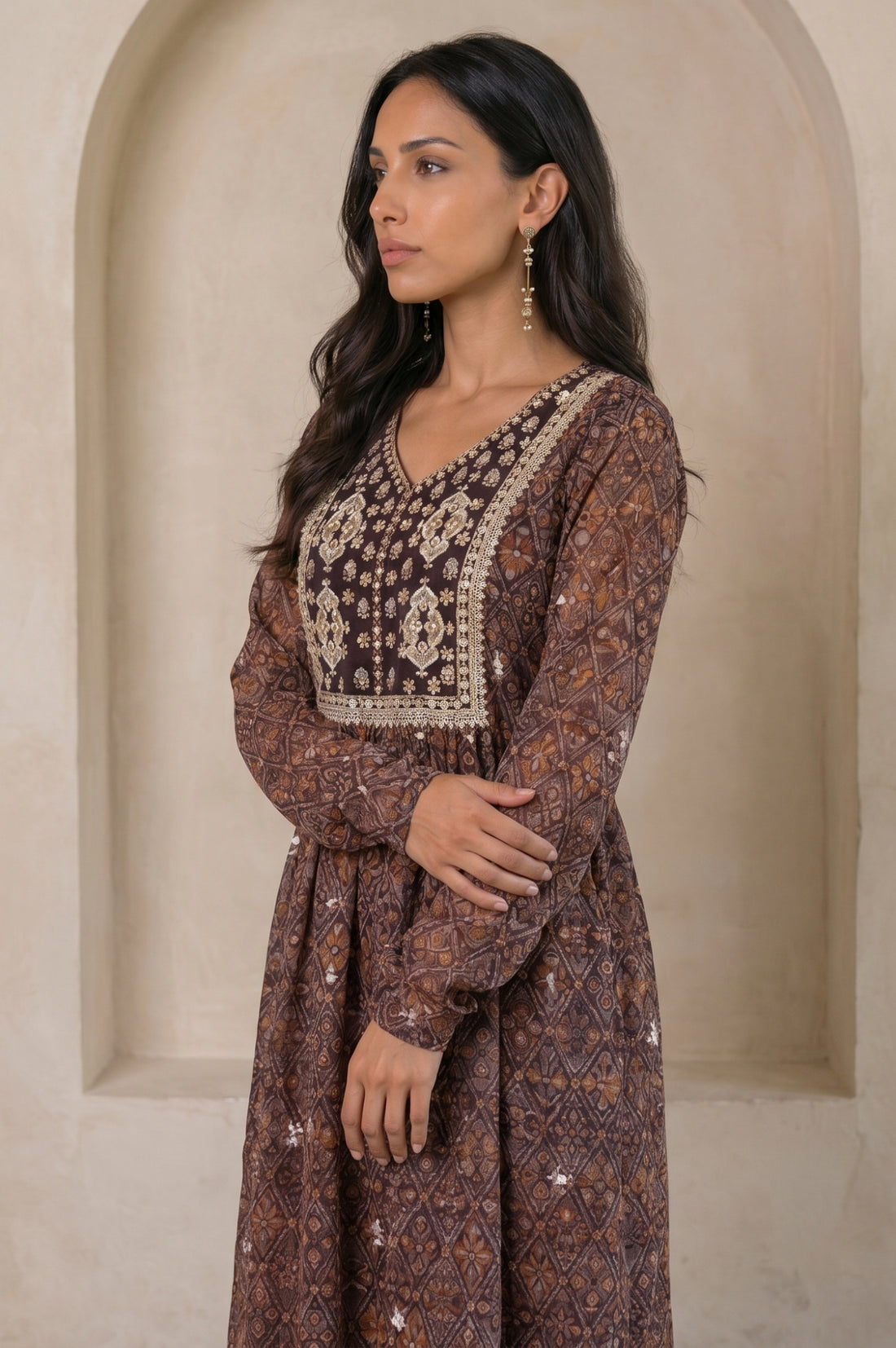 Brown Geometric Printed Sequinned Flared Anarkali Kurta