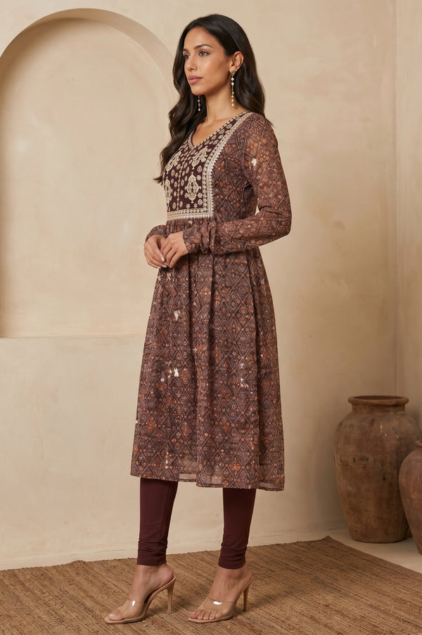 Brown Geometric Printed Sequinned Flared Anarkali Kurta