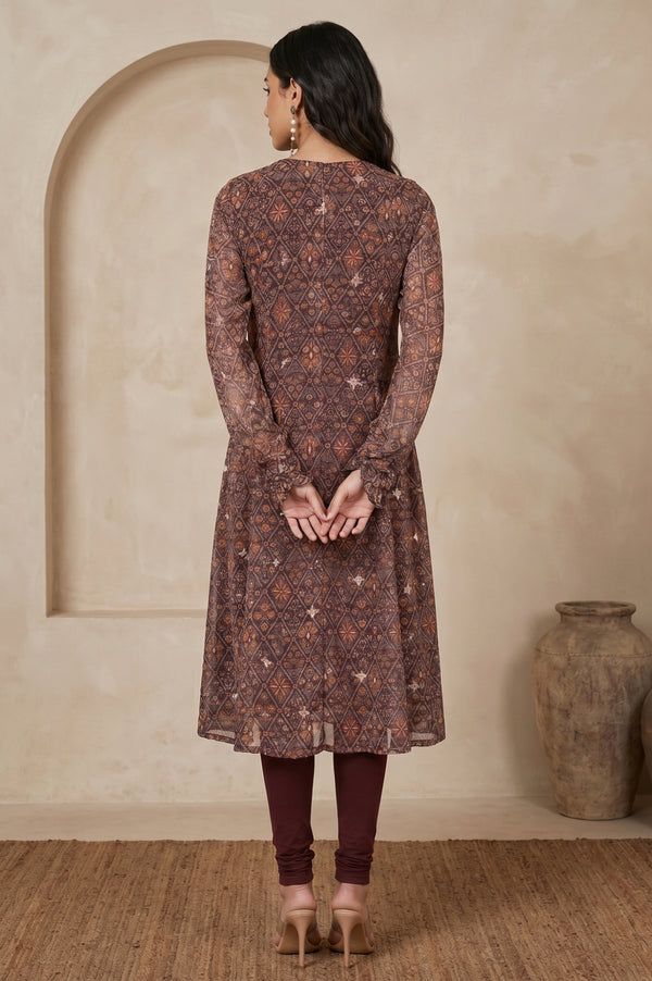 Brown Geometric Printed Sequinned Flared Anarkali Kurta