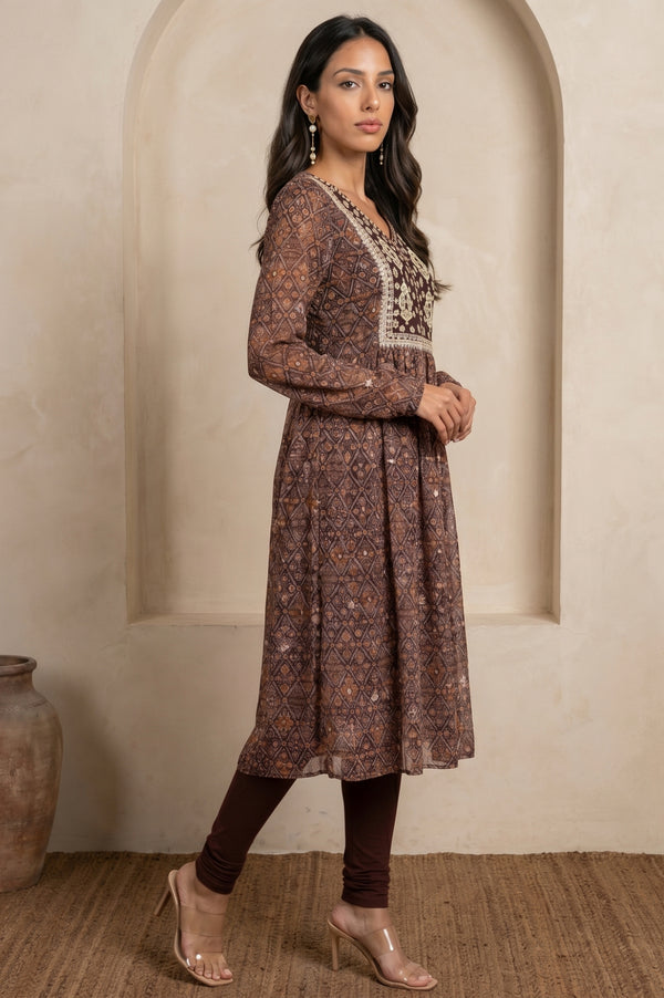 Brown Geometric Printed Sequinned Flared Anarkali Kurta