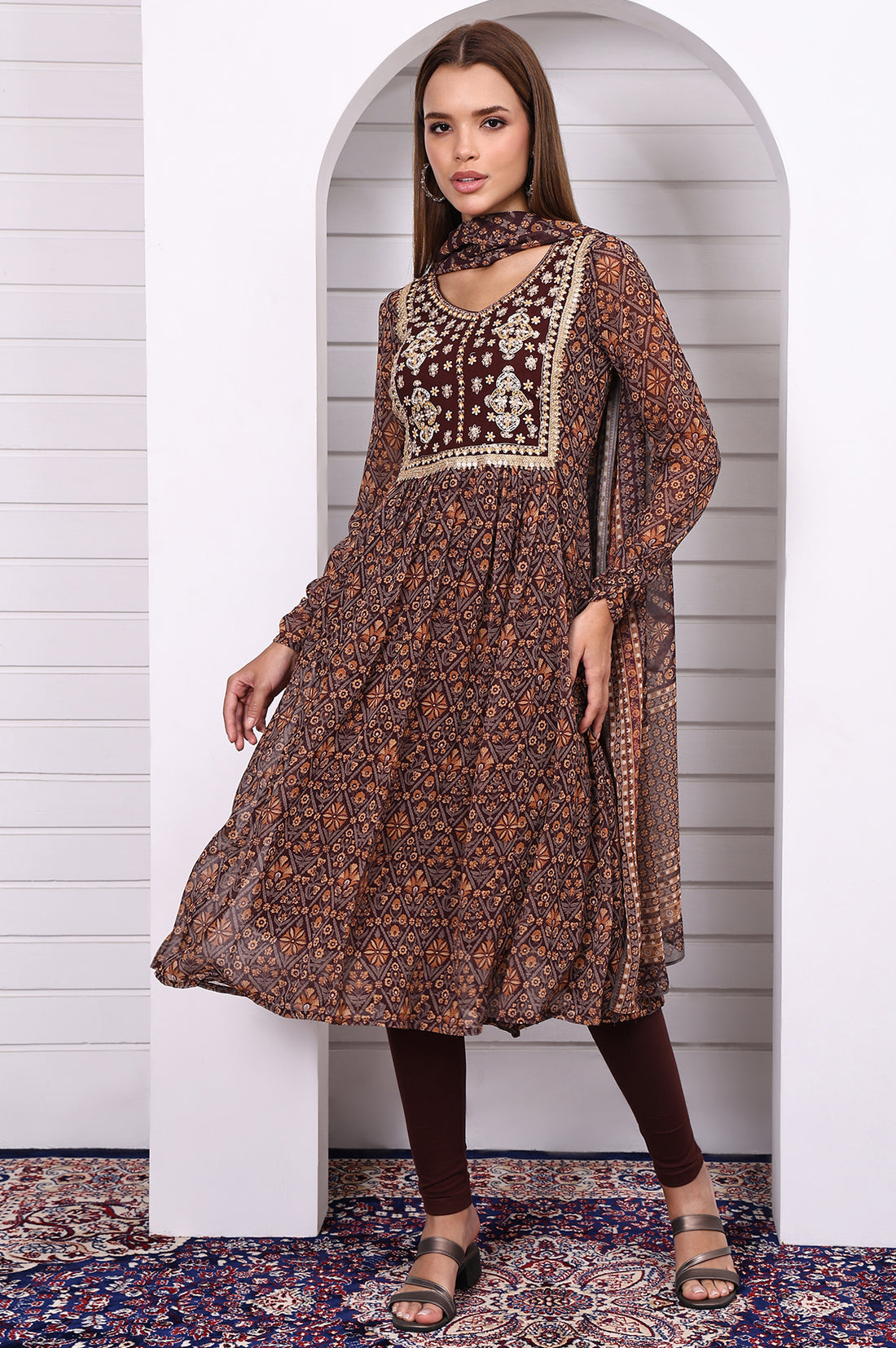 Brown Geometric Printed Zari Embroidered Georgette A-line Kurta, Leggings and Dupatta Set