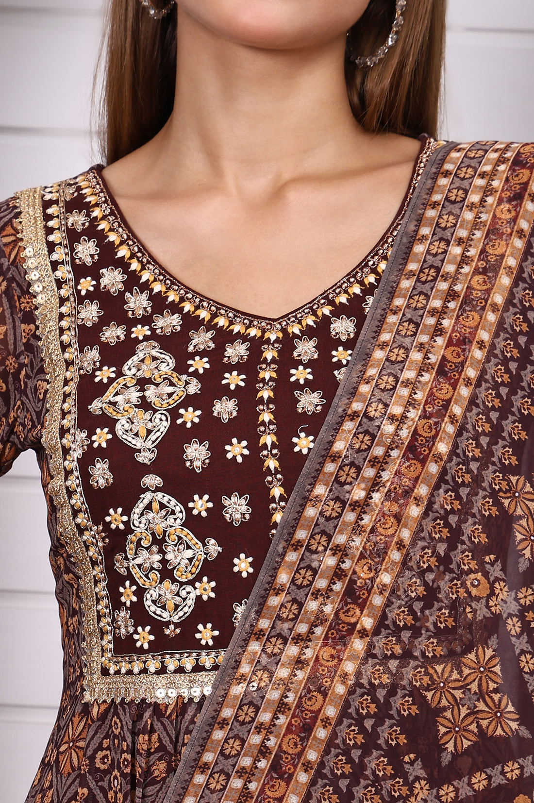 Brown Geometric Printed Zari Embroidered Georgette A-line Kurta, Leggings and Dupatta Set