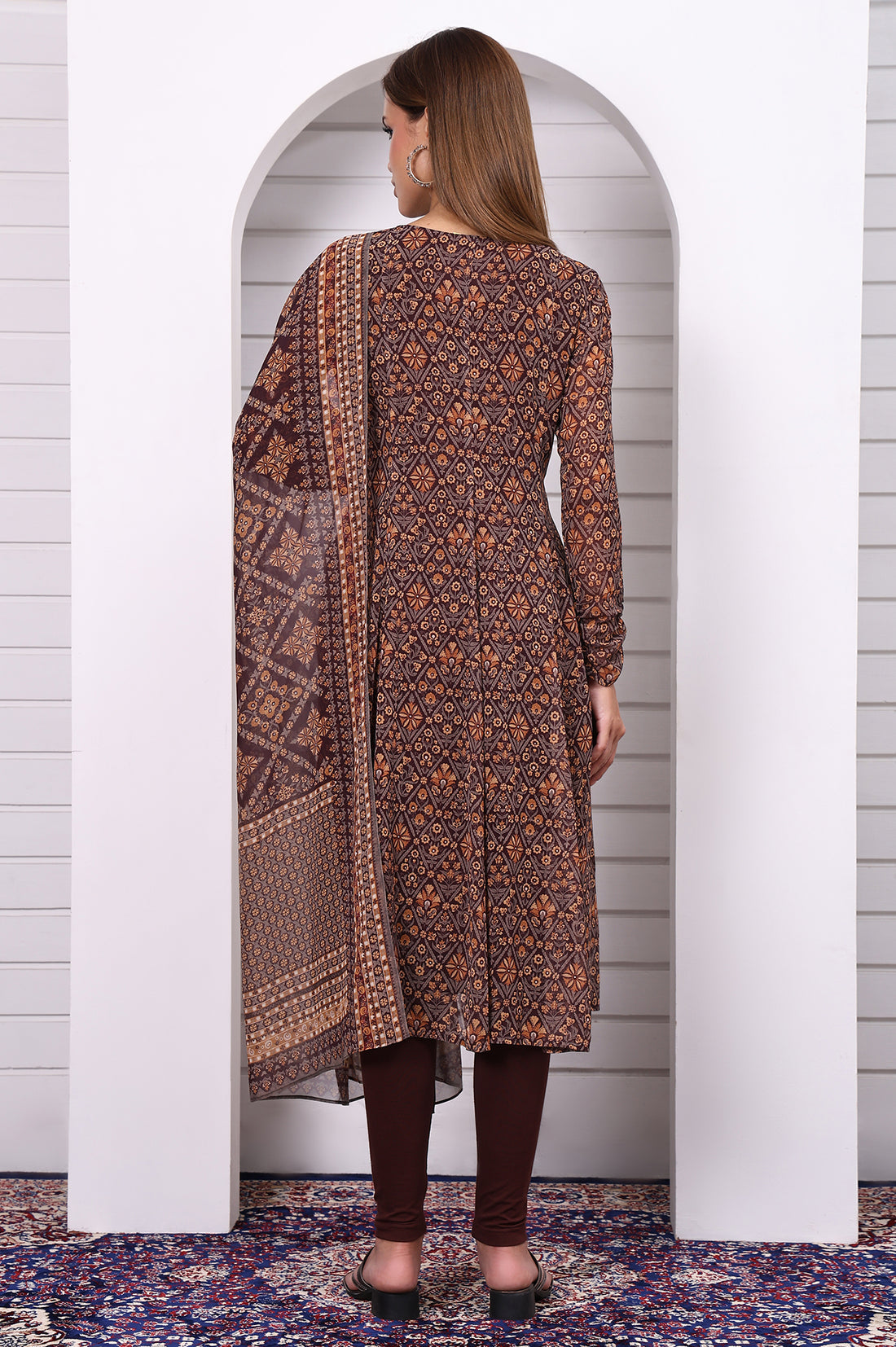 Brown Geometric Printed Zari Embroidered Georgette A-line Kurta, Leggings and Dupatta Set