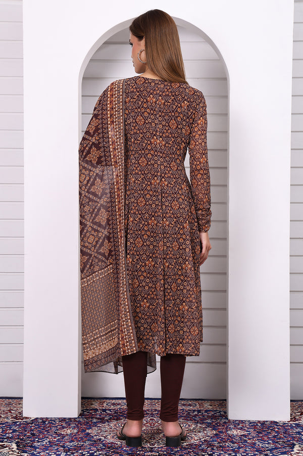 Brown Geometric Printed Zari Embroidered Georgette A-line Kurta, Leggings and Dupatta Set