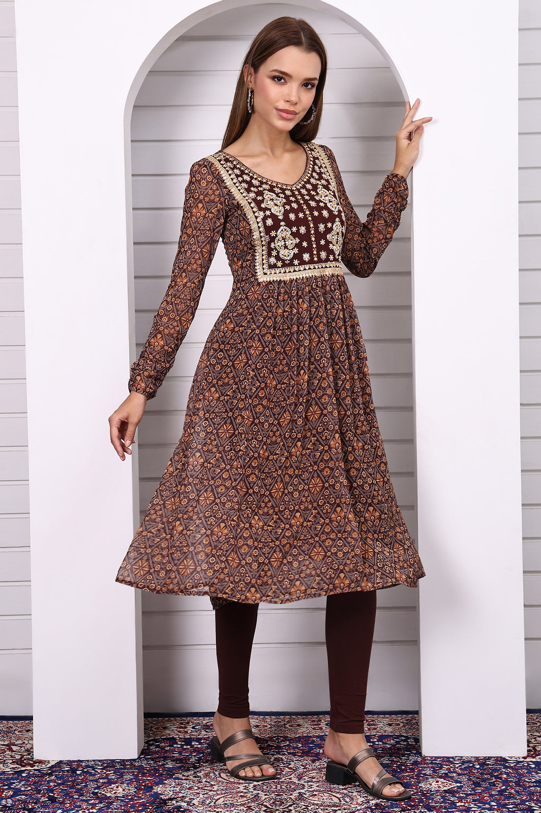 Brown Geometric Printed Zari Embroidered Georgette A-line Kurta, Leggings and Dupatta Set
