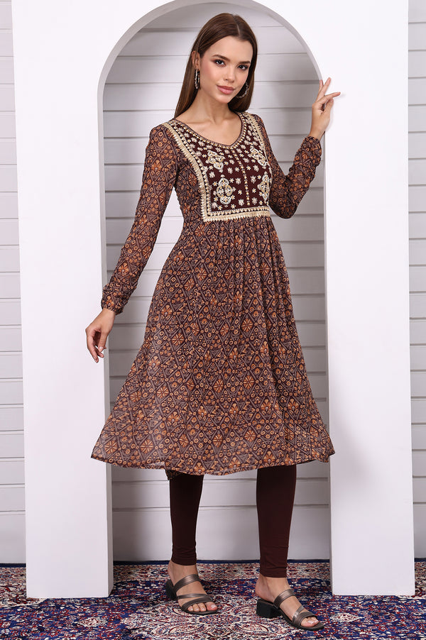 Brown Geometric Printed Zari Embroidered Georgette A-line Kurta, Leggings and Dupatta Set