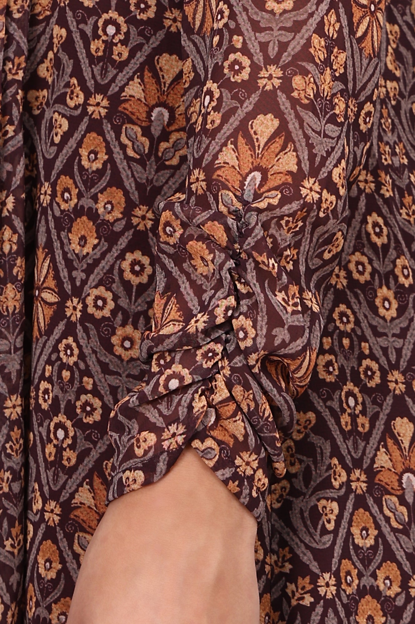 Brown Geometric Printed Zari Embroidered Georgette A-line Kurta, Leggings and Dupatta Set