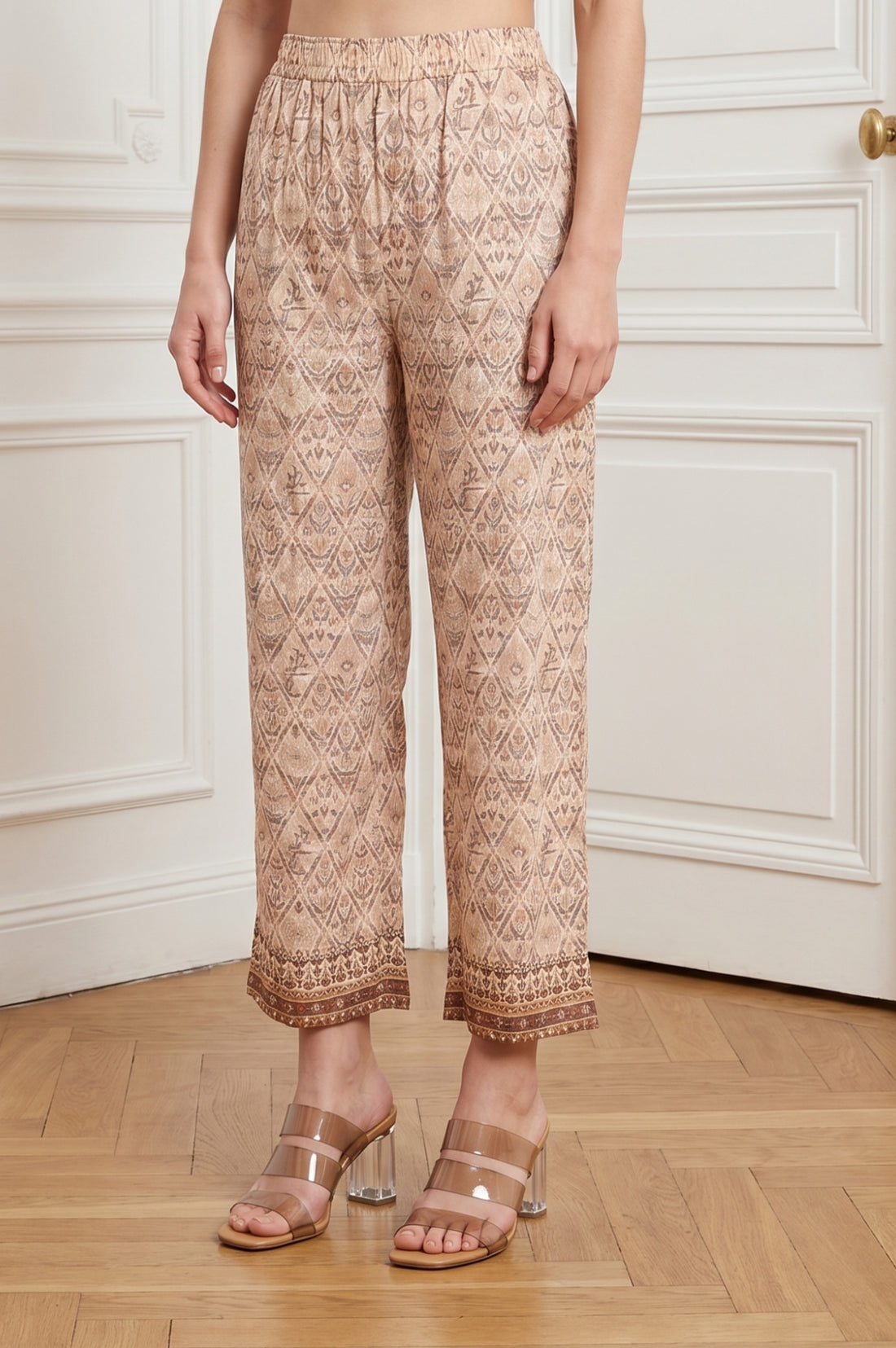 Beige Ethnic Motifs Shimmer Straight Fit Ankle Length Mid Rise Palazzo