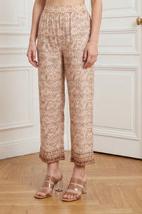 Beige Ethnic Motifs Shimmer Straight Fit Ankle Length Mid Rise Palazzo