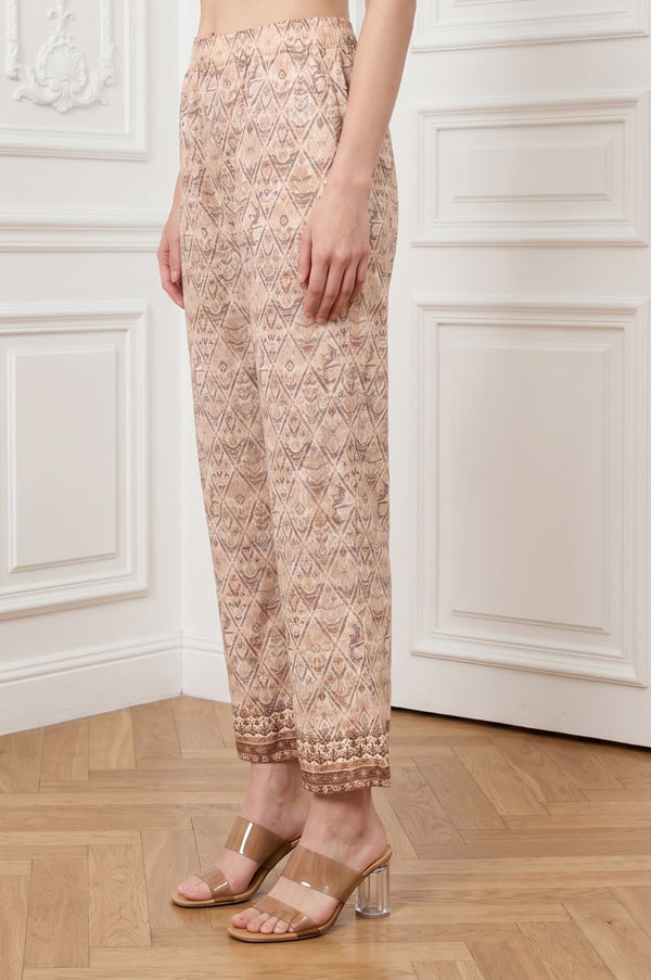 Beige Ethnic Motifs Shimmer Straight Fit Ankle Length Mid Rise Palazzo