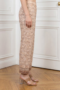 Beige Ethnic Motifs Shimmer Straight Fit Ankle Length Mid Rise Palazzo