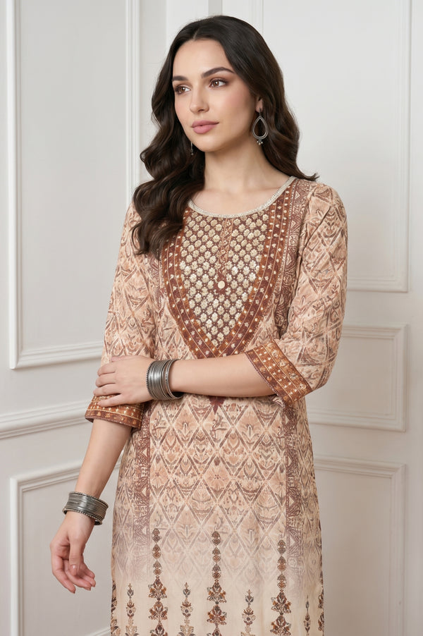 Beige Ethnic Motifs Straight Kurta