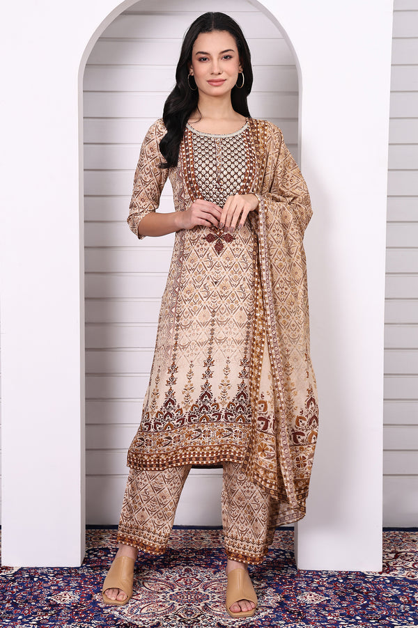 Beige Abstract Printed Beaded Cotton Straight Kurta, Palazzo and Dupatta Set