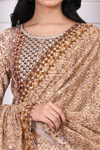 Beige Abstract Printed Beaded Cotton Straight Kurta, Palazzo and Dupatta Set