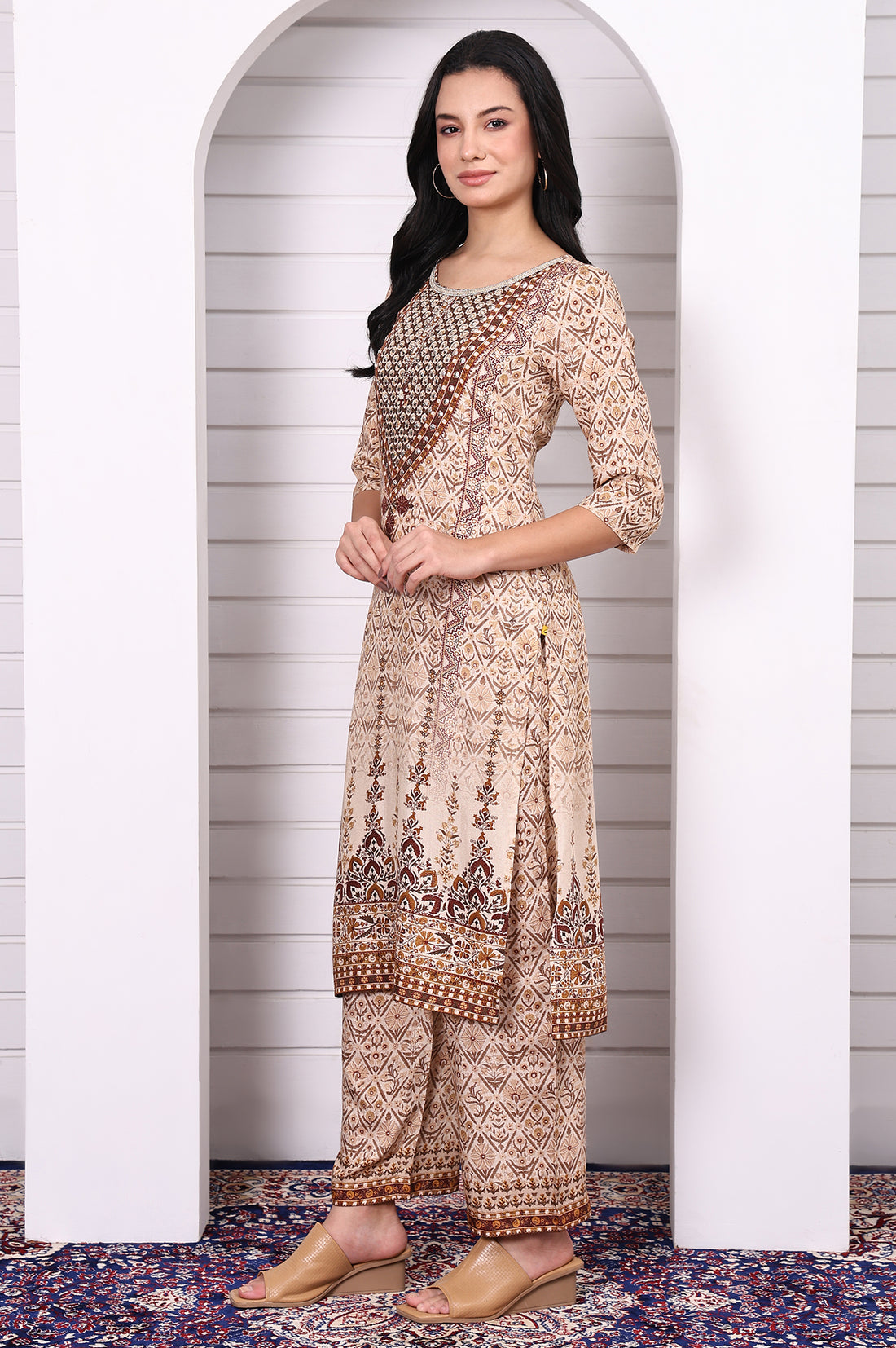 Beige Abstract Printed Beaded Cotton Straight Kurta, Palazzo and Dupatta Set