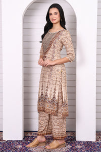 Beige Abstract Printed Beaded Cotton Straight Kurta, Palazzo and Dupatta Set
