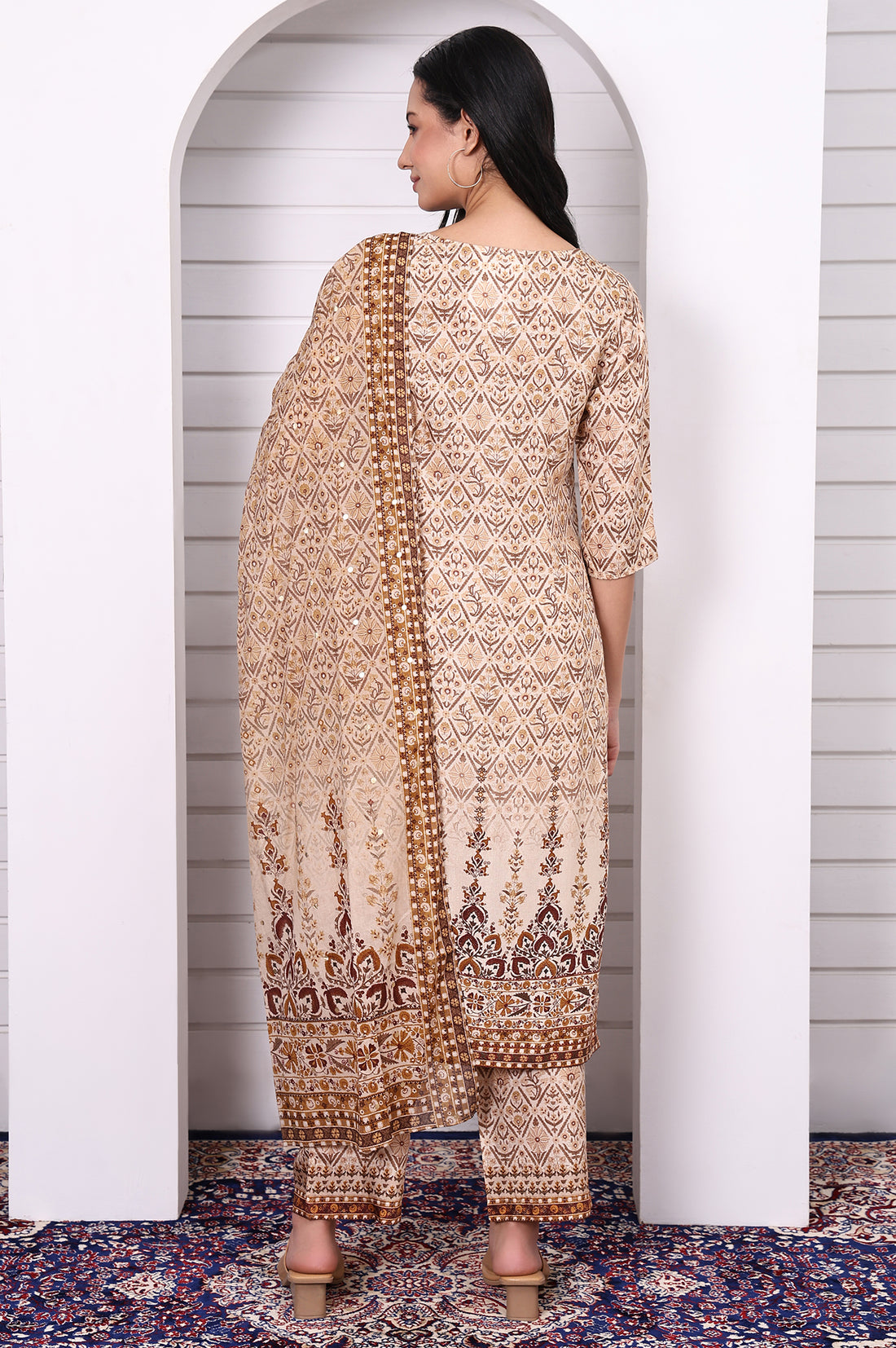Beige Abstract Printed Beaded Cotton Straight Kurta, Palazzo and Dupatta Set