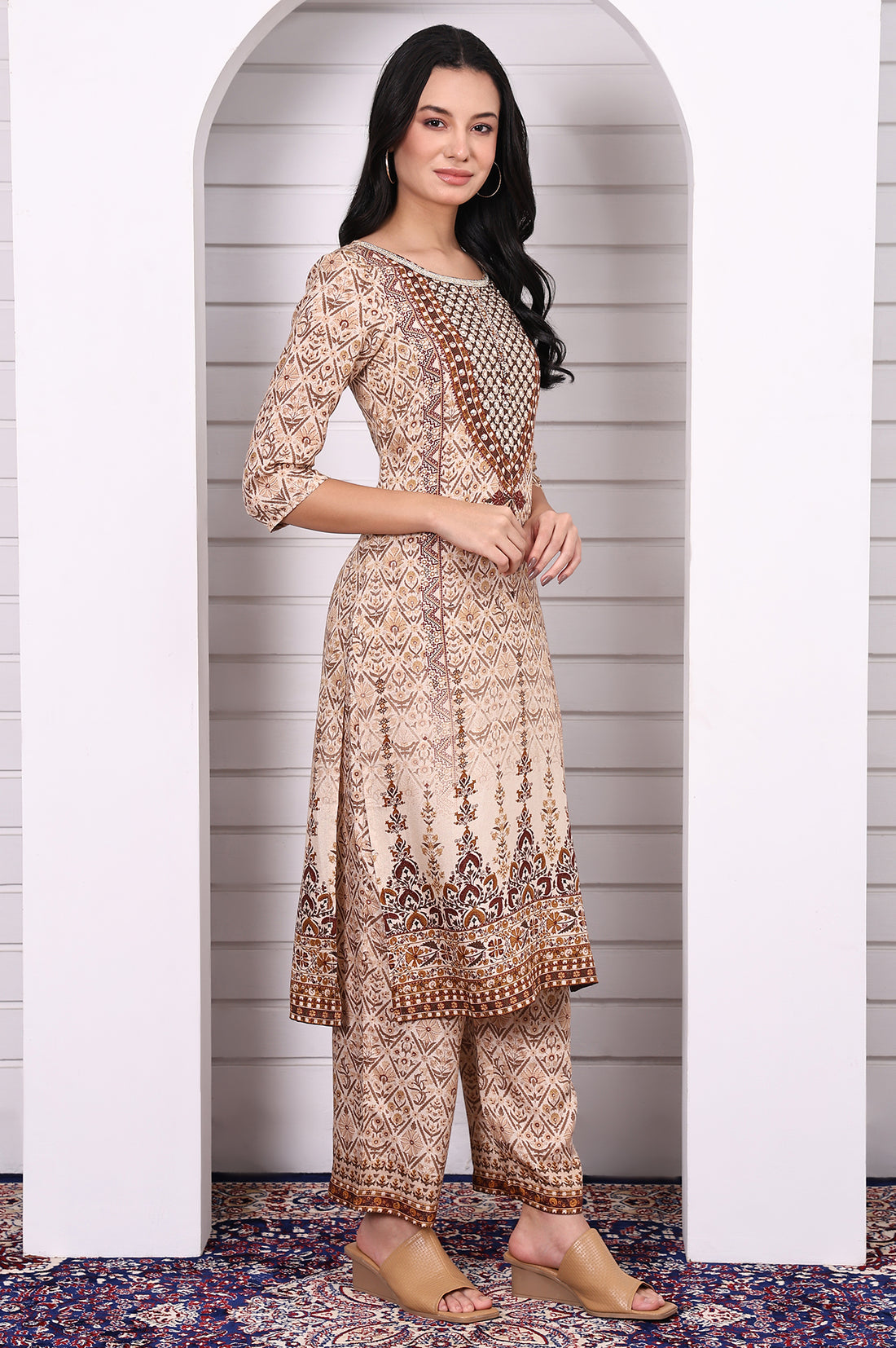 Beige Abstract Printed Beaded Cotton Straight Kurta, Palazzo and Dupatta Set