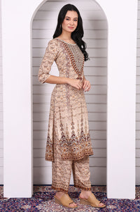 Beige Abstract Printed Beaded Cotton Straight Kurta, Palazzo and Dupatta Set