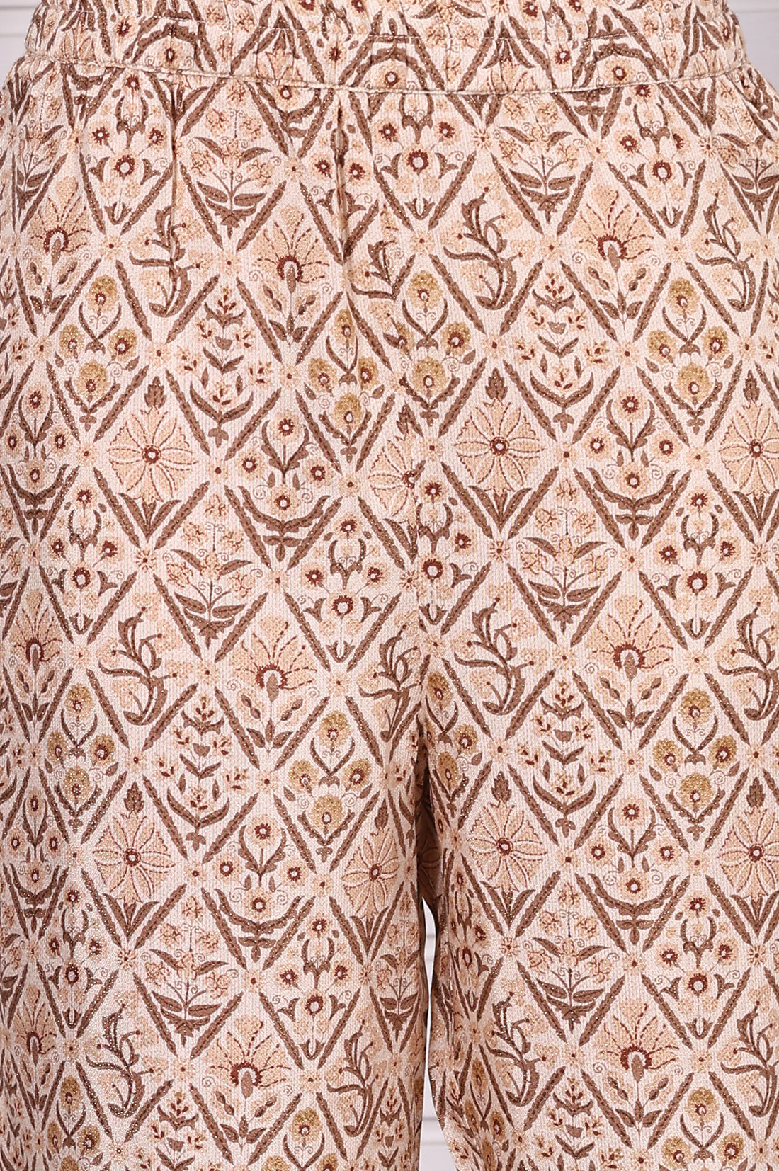 Beige Abstract Printed Beaded Cotton Straight Kurta, Palazzo and Dupatta Set