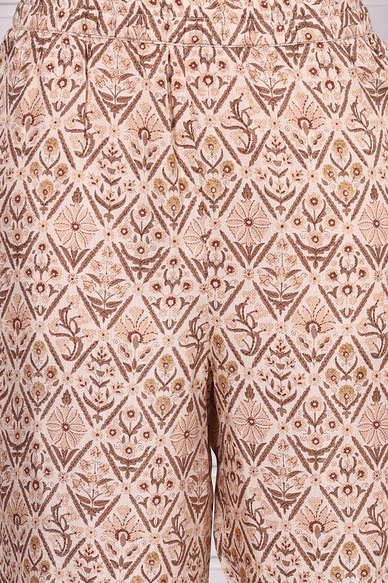 Beige Abstract Printed Beaded Cotton Straight Kurta, Palazzo and Dupatta Set
