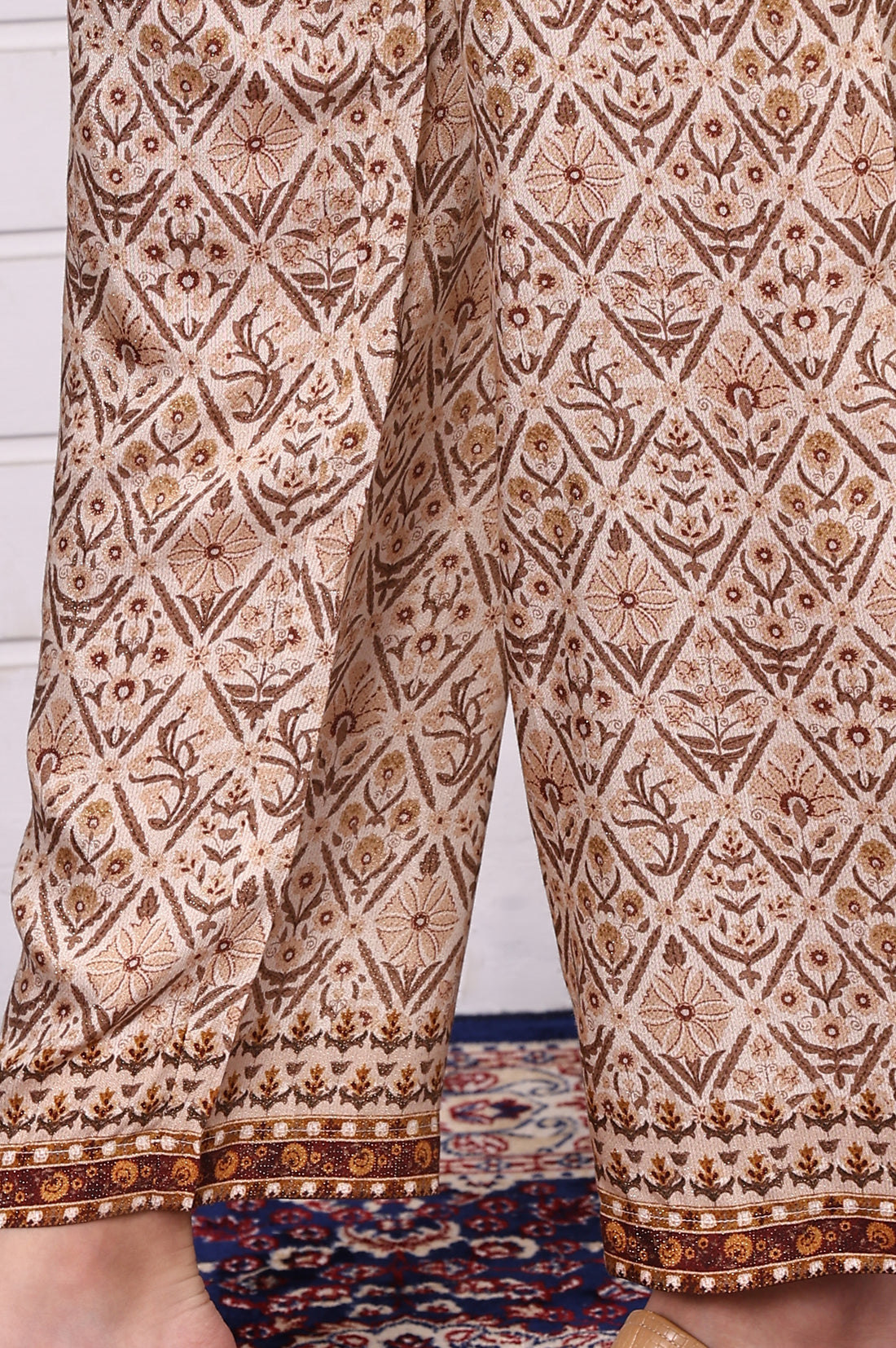 Beige Abstract Printed Beaded Cotton Straight Kurta, Palazzo and Dupatta Set