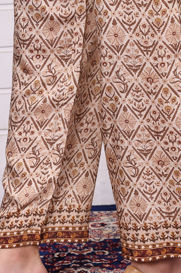 Beige Abstract Printed Beaded Cotton Straight Kurta, Palazzo and Dupatta Set