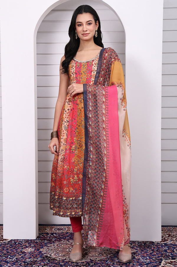 Multicolor Abstract Printed Beaded Anarkali Kurta, Leggings and Dupatta Set