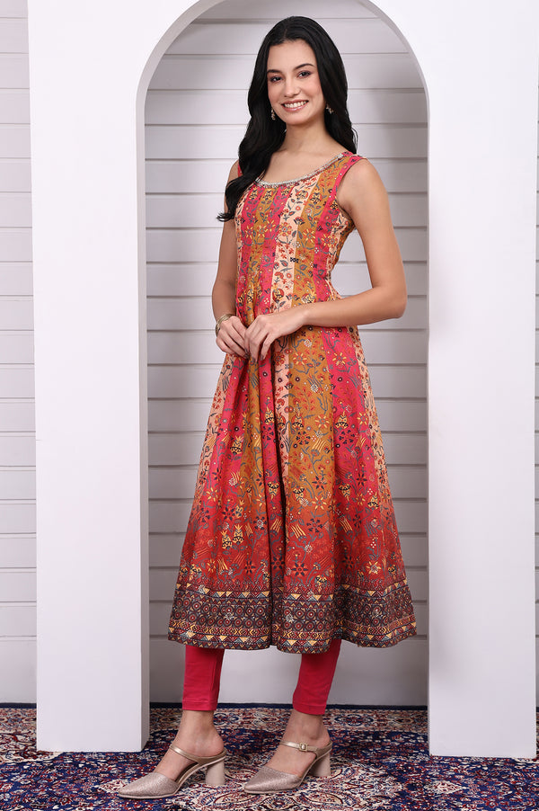 Multicolor Abstract Printed Beaded Anarkali Kurta, Leggings and Dupatta Set