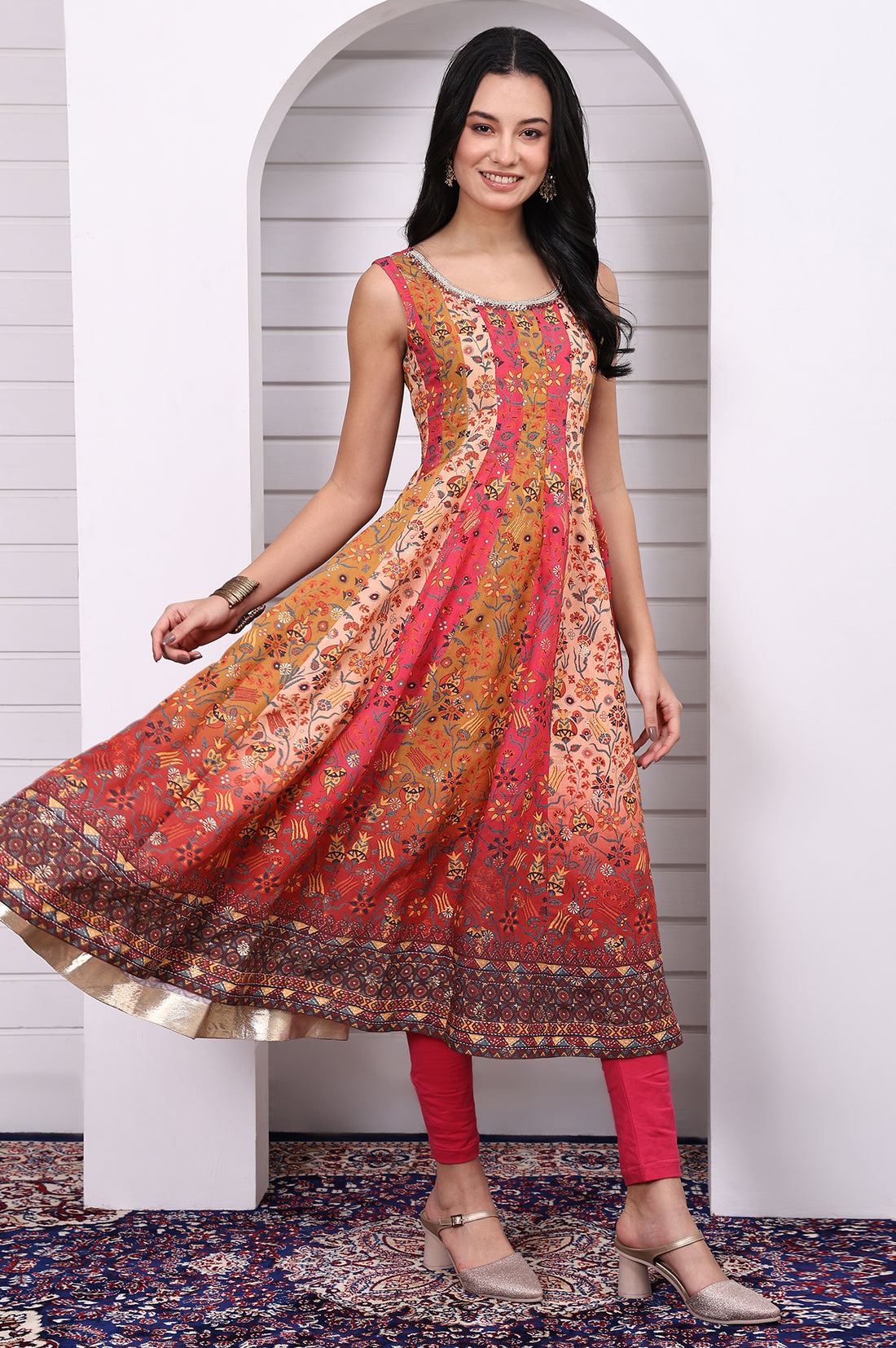 Multicolor Abstract Printed Beaded Anarkali Kurta, Leggings and Dupatta Set
