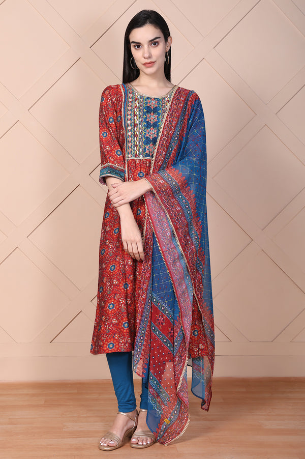 Red Embroidered Anarkali Kurta with Legging and Dupatta Set