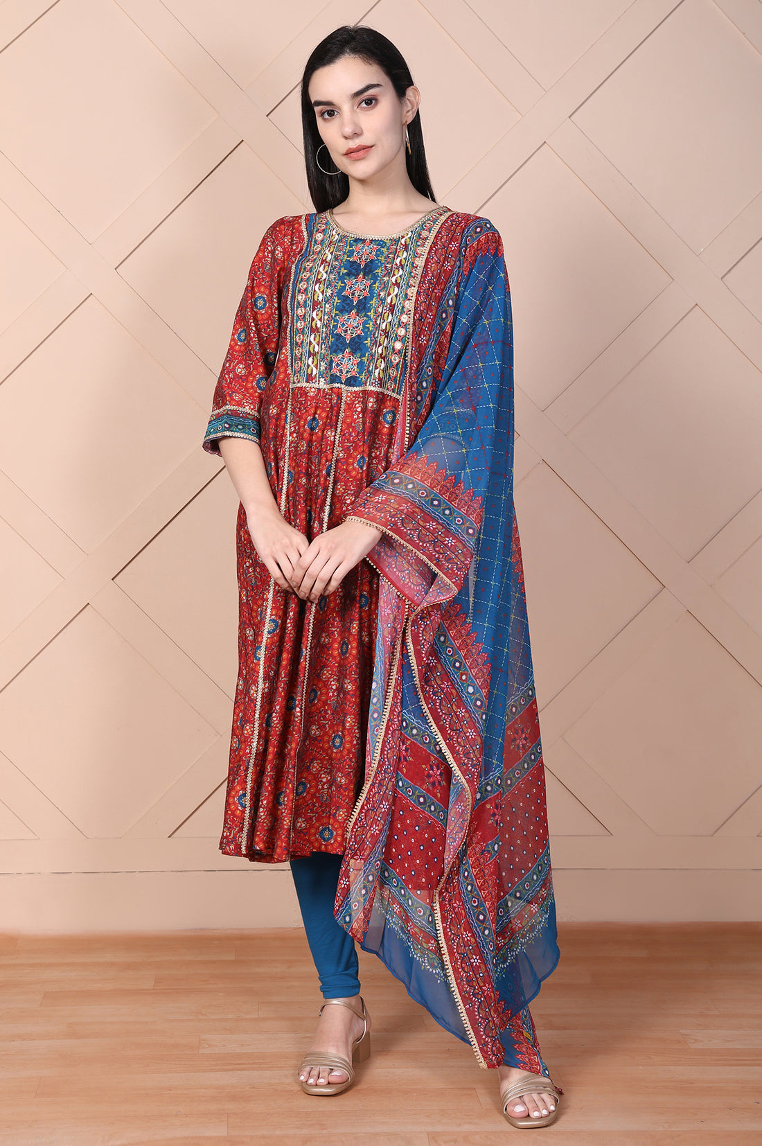 Red Embroidered Anarkali Kurta with Legging and Dupatta Set