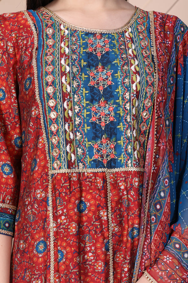 Red Embroidered Anarkali Kurta with Legging and Dupatta Set