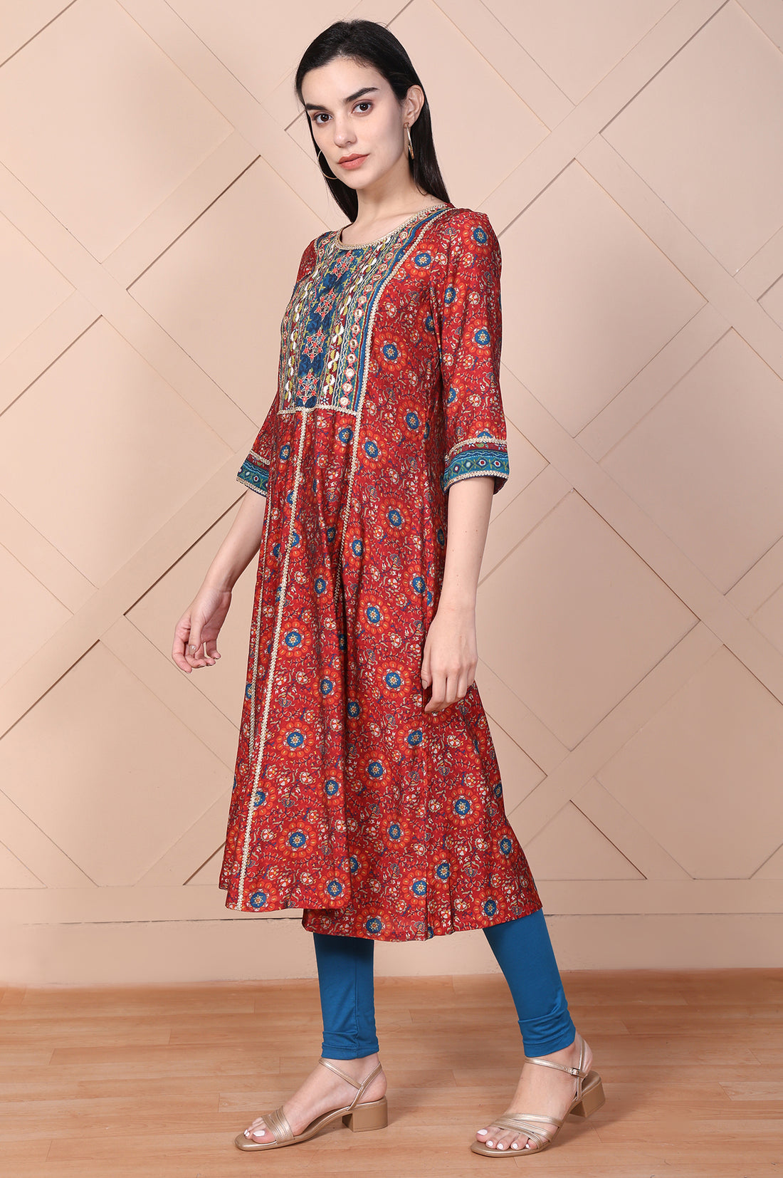 Red Embroidered Anarkali Kurta with Legging and Dupatta Set