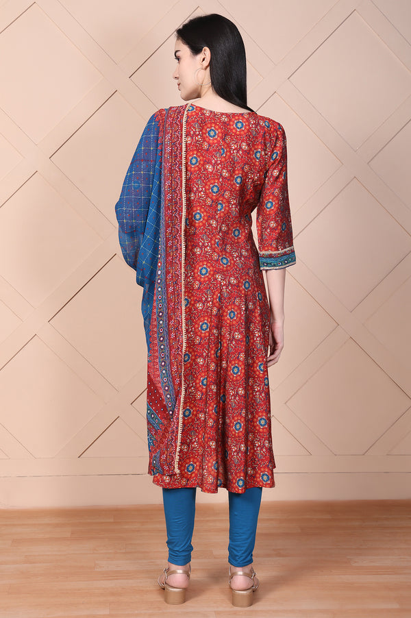 Red Embroidered Anarkali Kurta with Legging and Dupatta Set