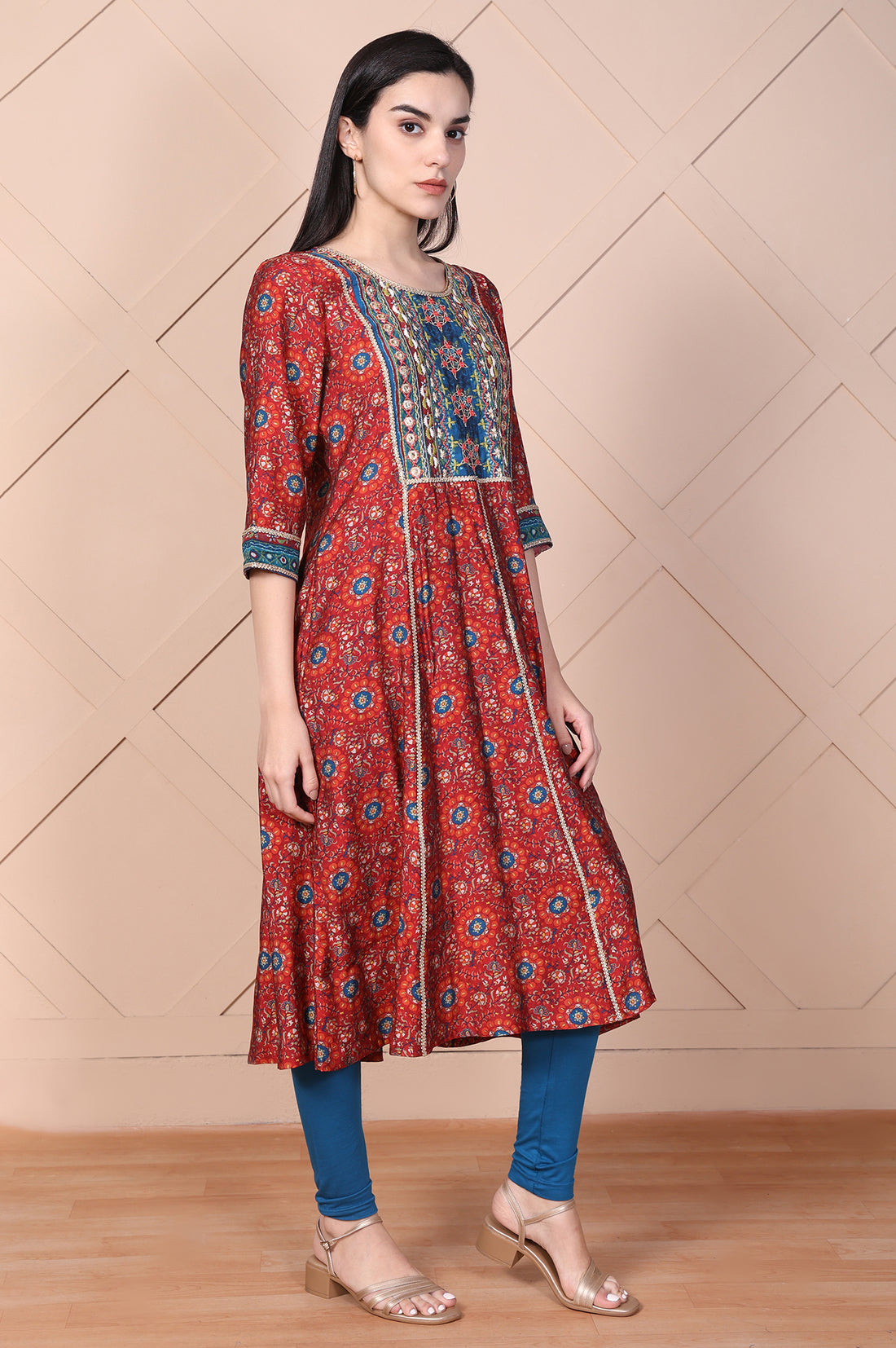 Red Embroidered Anarkali Kurta with Legging and Dupatta Set