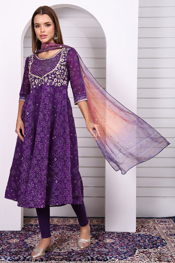 Purple Bandhni Printed Dori Embroidery Anarkali Kurta Leggings and Dupatta Set