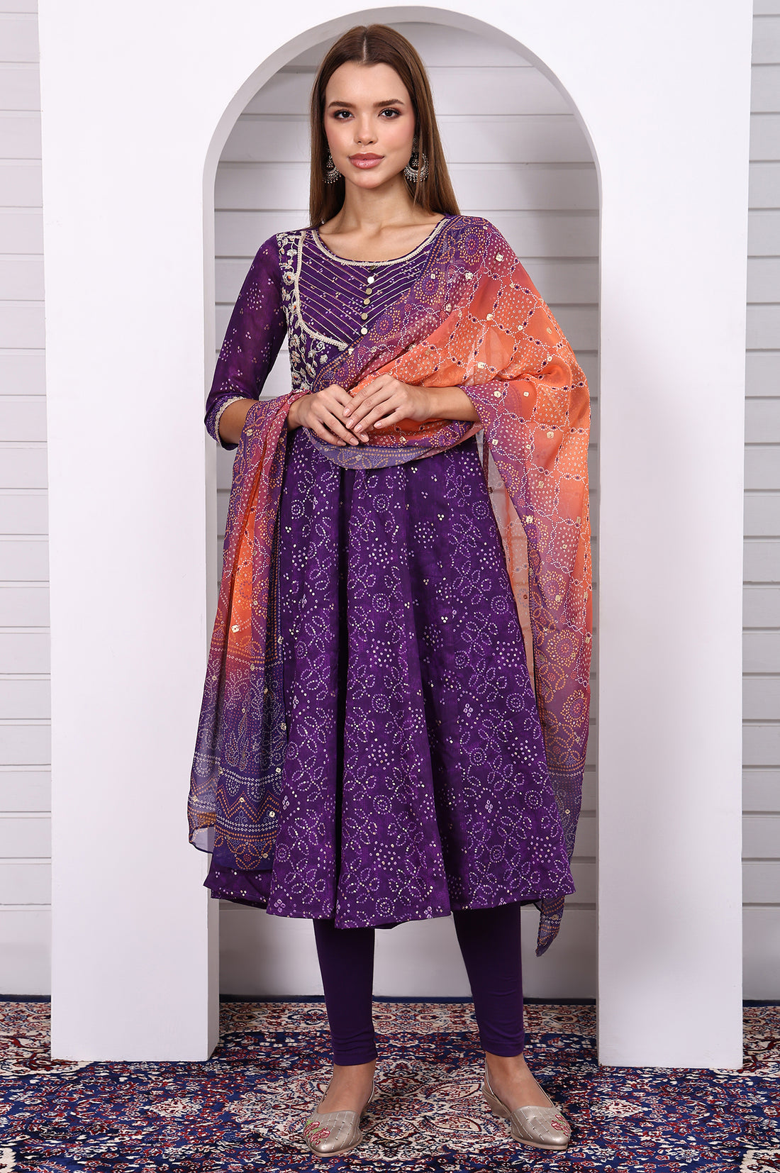 Purple Bandhni Printed Dori Embroidery Anarkali Kurta Leggings and Dupatta Set