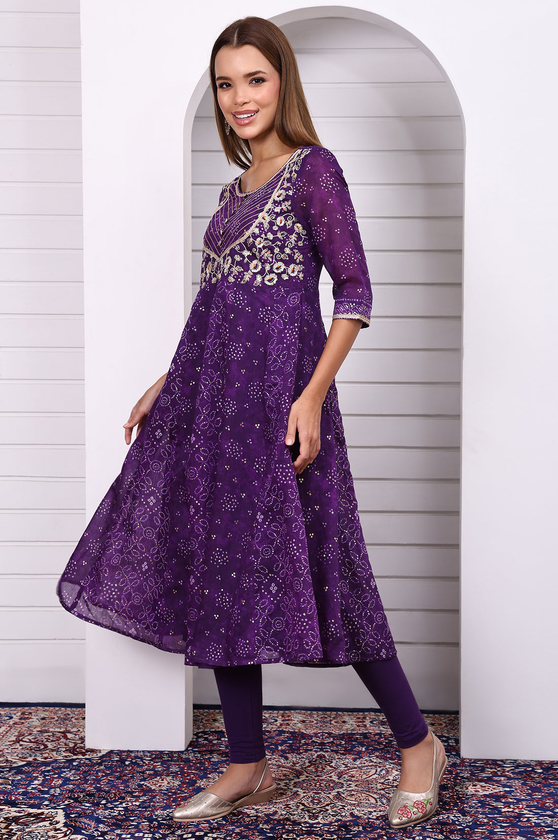 Purple Bandhni Printed Dori Embroidery Anarkali Kurta Leggings and Dupatta Set