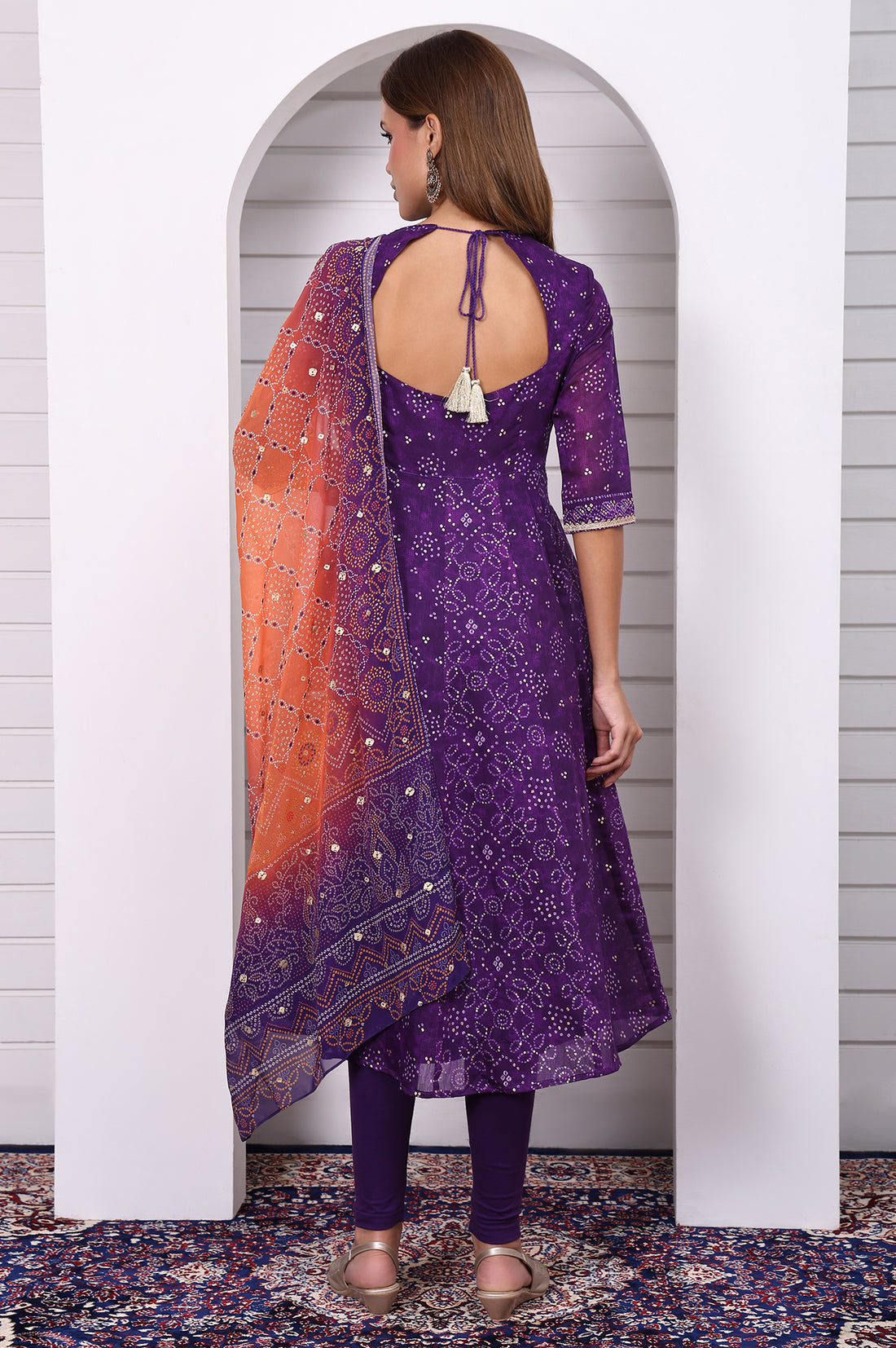 Purple Bandhni Printed Dori Embroidery Anarkali Kurta Leggings and Dupatta Set