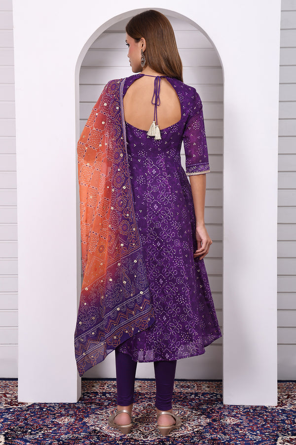 Purple Bandhni Printed Dori Embroidery Anarkali Kurta Leggings and Dupatta Set