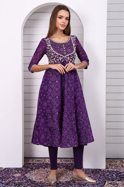 Purple Bandhni Printed Dori Embroidery Anarkali Kurta Leggings and Dupatta Set