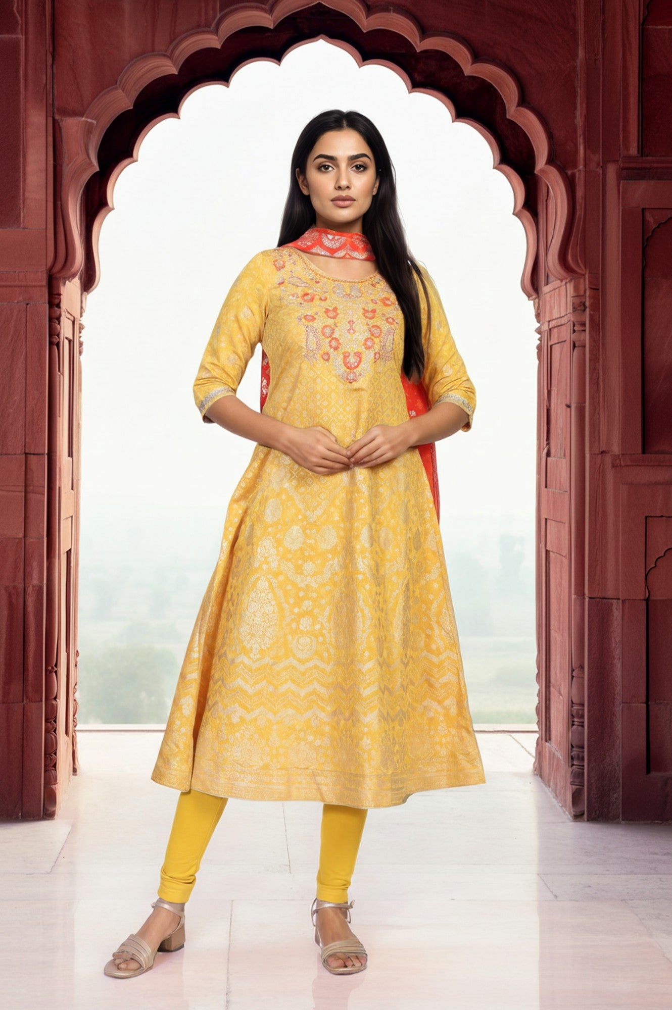 Yellow Embroidered A-Line Jacquard Kurta with Legging and Stole Set