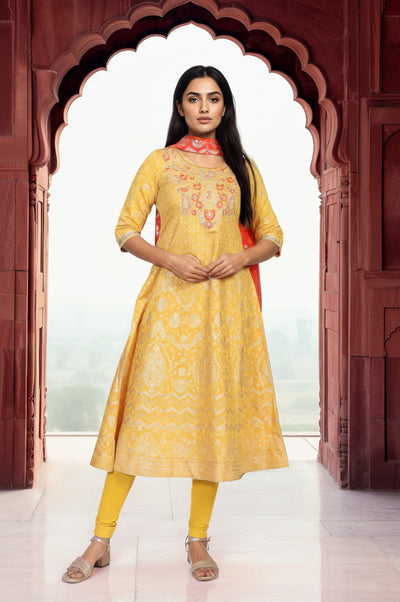 Yellow Embroidered A-Line Jacquard Kurta with Legging and Stole Set