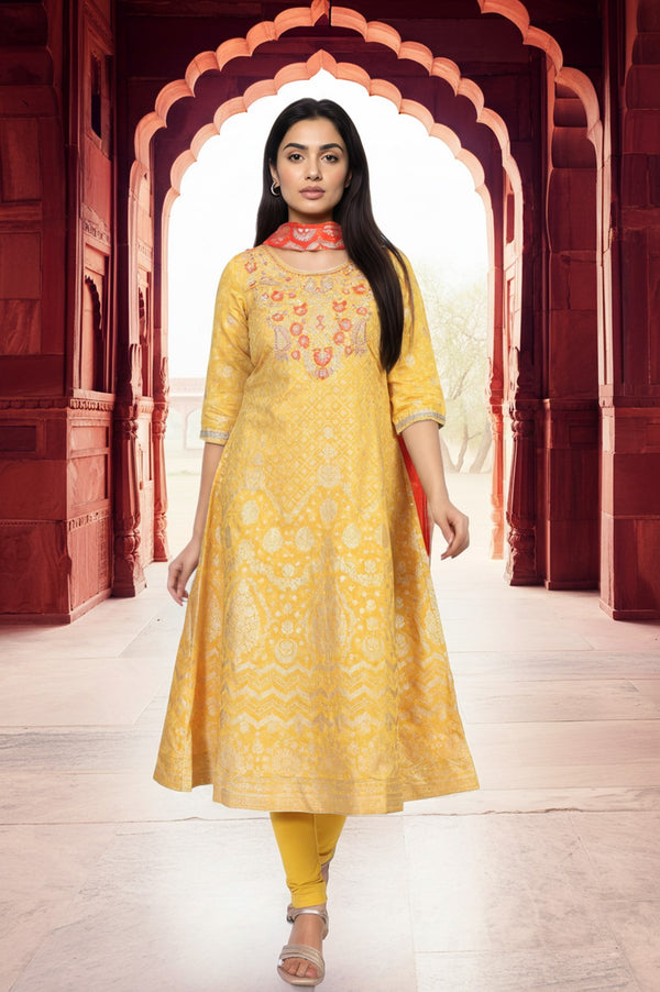 Yellow Embroidered A-Line Jacquard Kurta with Legging and Stole Set